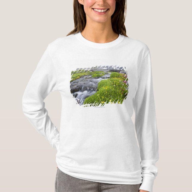 Blurry River with Yellow White Pink Wildflowers T-Shirt (Front)