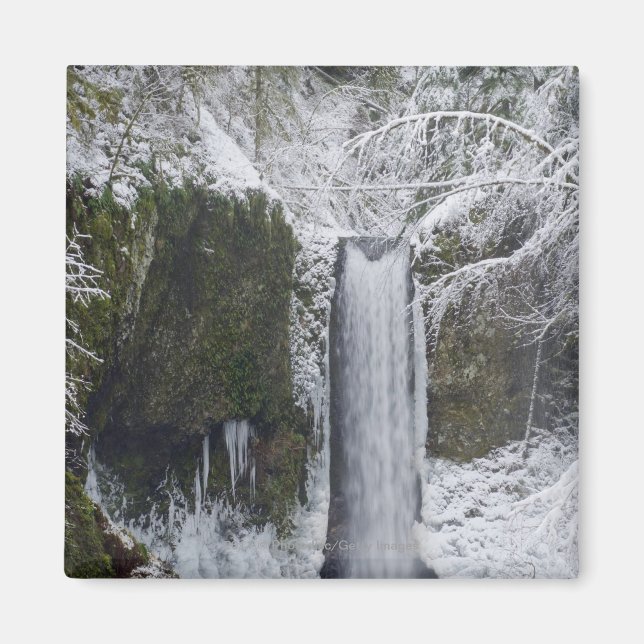 Blurry Waterfall Surrounded by a Snowy Forest Magnet (Front)