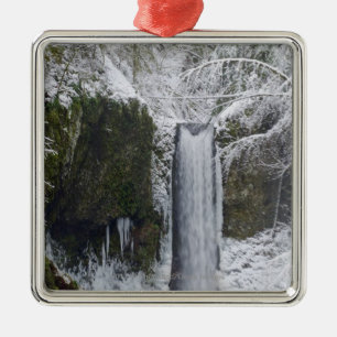 Blurry Waterfall Surrounded by a Snowy Forest Metal Ornament