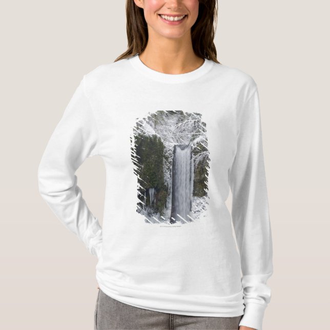Blurry Waterfall Surrounded by a Snowy Forest T-Shirt (Front)