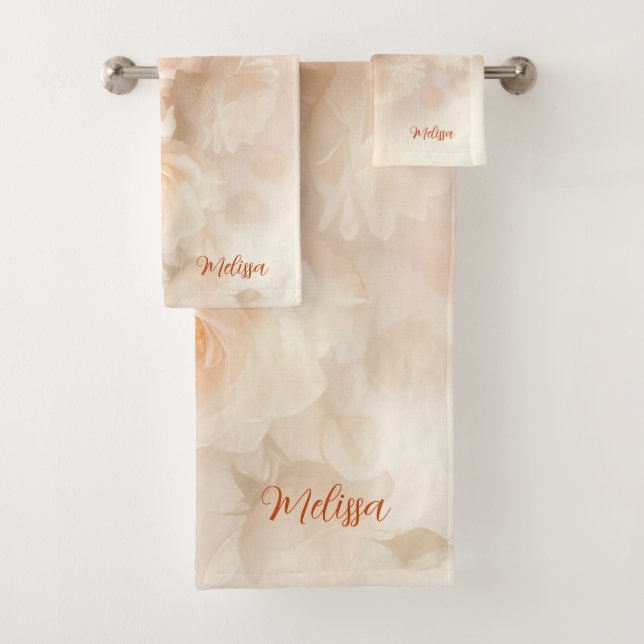Blush 3 D Watercolor Roses Monogram Bath Towel Set (Insitu)