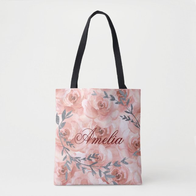 Blush Abstract Watercolor Rose Elegant Pretty Name Tote Bag (Front)