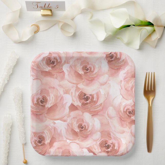 Blush Abstract Watercolor Rose Elegant Pretty Paper Plates (Wedding)