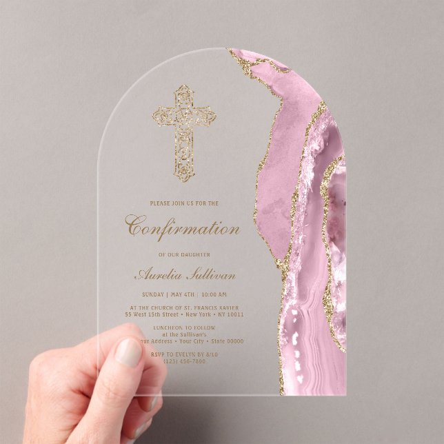 Blush Agate Confirmation Acrylic Invitations (Insitu (Handheld))