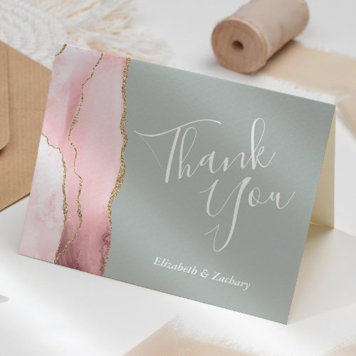 Blush Agate Gold Sage Green Wedding Thank You Card