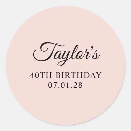 Blush and Black Elegant Script 40th Birthday Classic Round Sticker