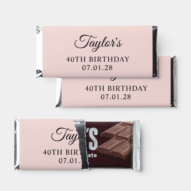 Blush and Black Elegant Script 40th Birthday Hershey Bar Favors (Front)
