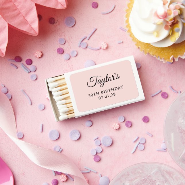 Blush and Black Elegant Script 50th Birthday Matchboxes (Insitu)