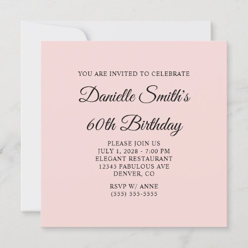 Blush and Black Elegant Script 60th Birthday Invitation