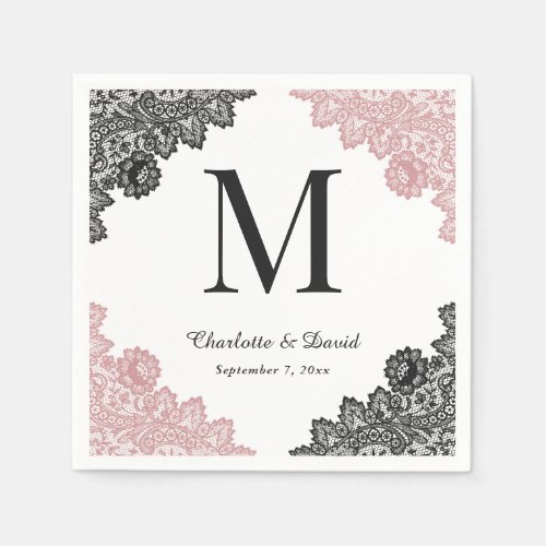 Blush and Black Floral Lace Monogram Wedding Napkins