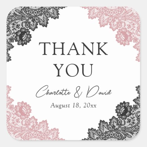Blush and Black Floral Lace Wedding Thank You Square Sticker