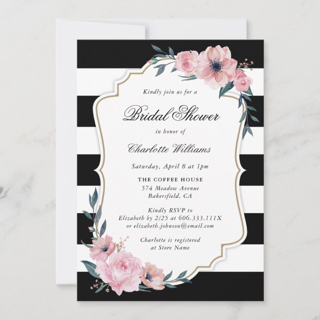 Blush and Black Stripes Floral Bridal Shower Invitation (Front)