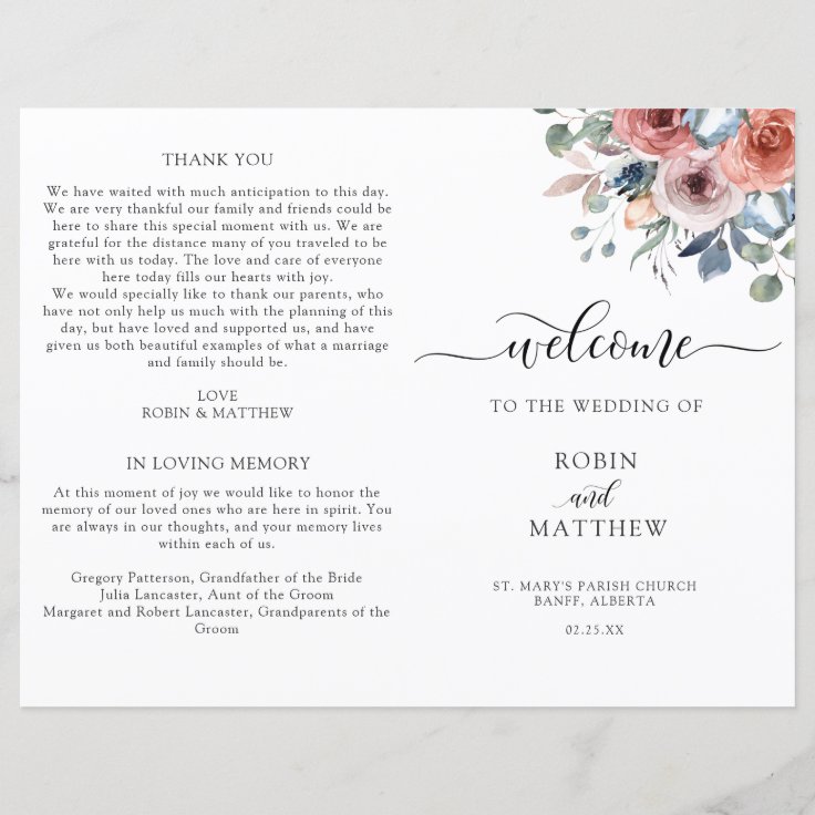 Blush and Blue Floral Folded Wedding Program | Zazzle