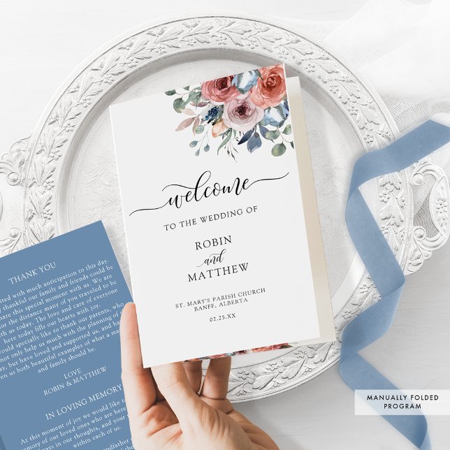 Blush and Blue Floral Folded Wedding Program (Creator Uploaded)