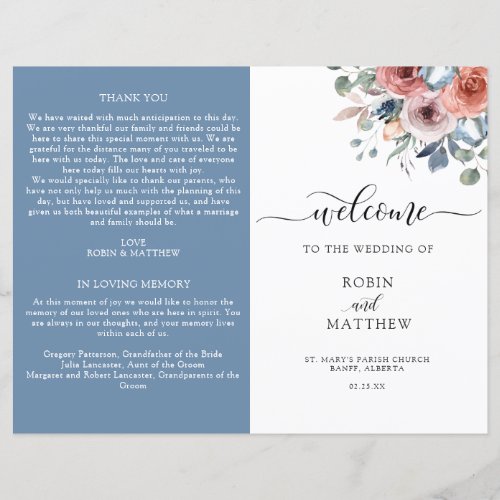 Blush and Blue Floral Folded Wedding Program