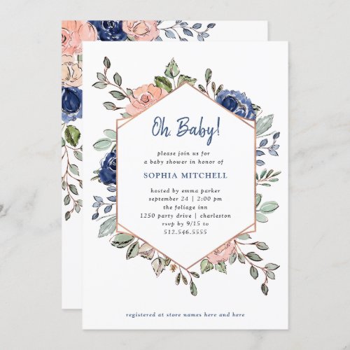 Blush and Blue Floral Geometric  Oh Baby Shower Invitation
