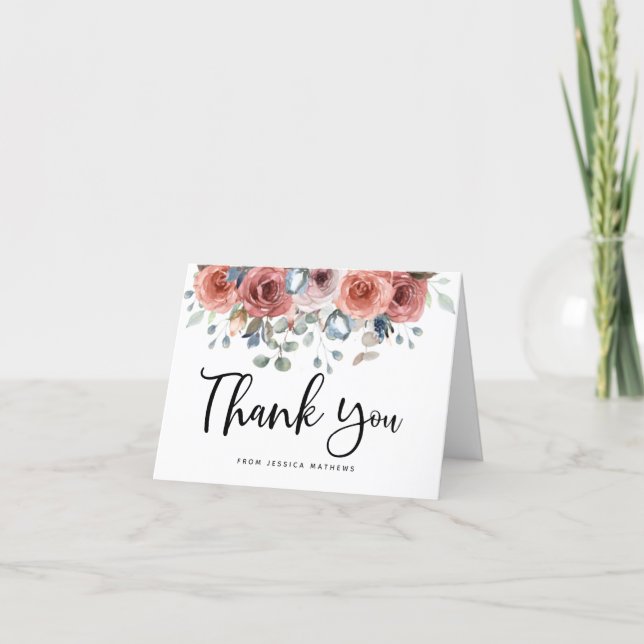 Blush and Blue Floral Quinceanera Thank You Card (Front)