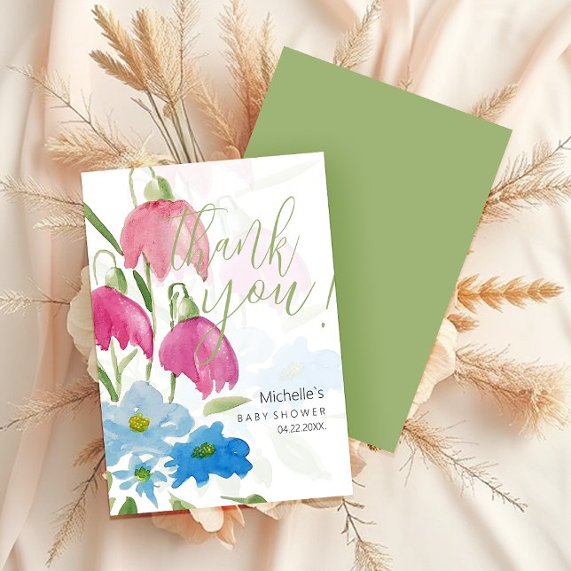 Blush And Blue Spring Watercolor Flowers Thank You Card (Creator Uploaded)