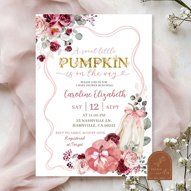 Blush and Burgundy Coquette Pumpkin Baby Shower Invitation (Creator Uploaded)