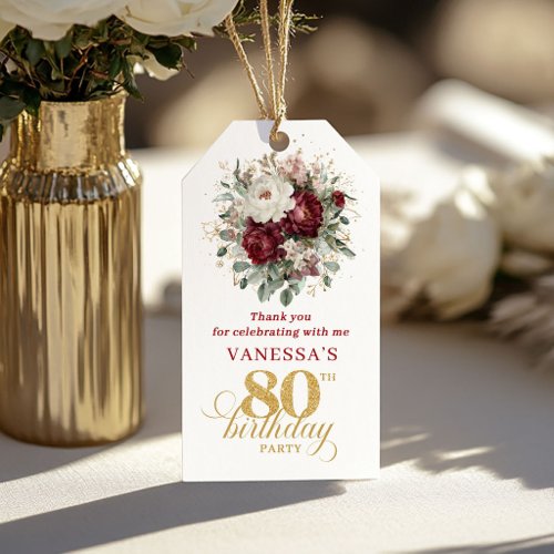 Blush and Burgundy Floral 80th Birthday Favor Tags