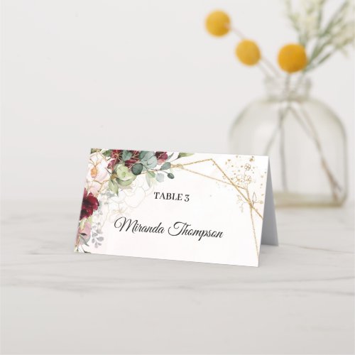 Blush and burgundy floral eucalyptus gold frame place card