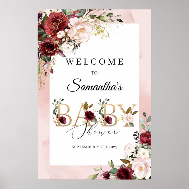 Blush and burgundy floral gold Baby shower  Poster (Front)
