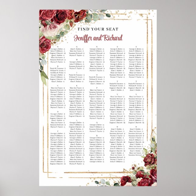 Blush and Burgundy floral gold frame Alphabetical Poster (Front)