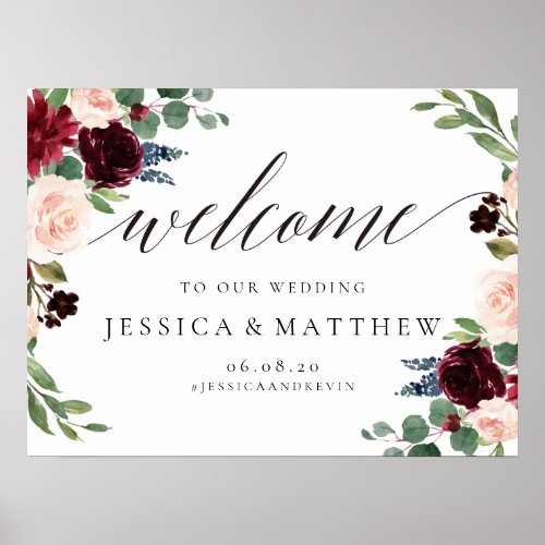 Blush and burgundy Floral Welcome Wedding Sign