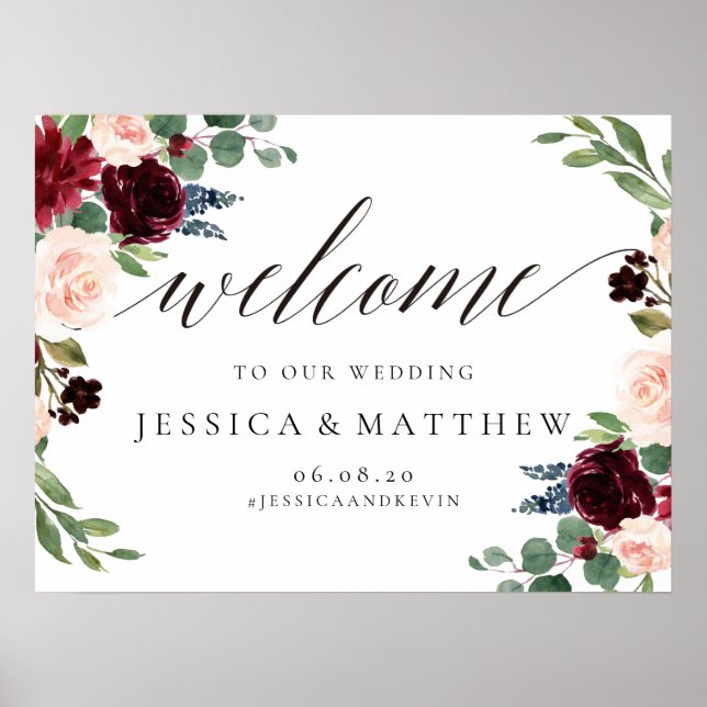 Blush and burgundy Floral Welcome Wedding Sign (Front)