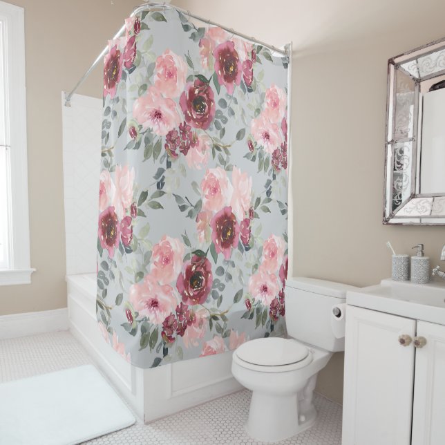 Blush and Burgundy Flowers on Gray Shower Curtain (In Situ)