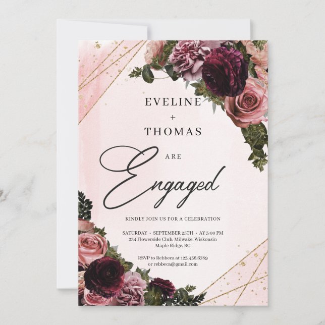 Blush and burgundy maroon flowers corners gold  invitation (Front)