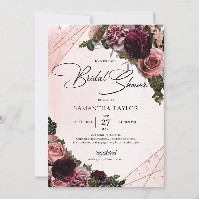 Blush and burgundy mauve floral corners gold frame invitation (Front)