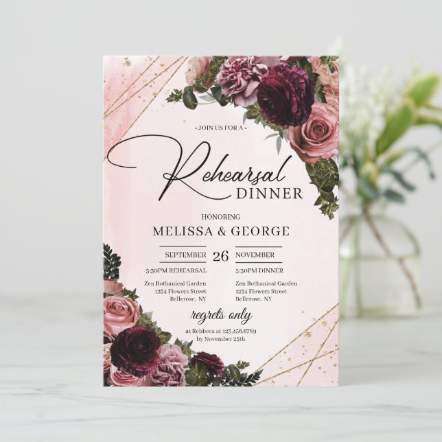 Blush and burgundy mauve roses flowers gold frame  invitation (Standing Front)
