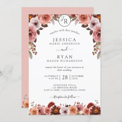 Blush and Burgundy Monogram Floral Wedding Invitation
