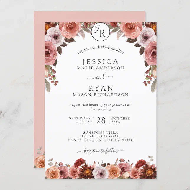 Blush and Burgundy, Monogram Floral Wedding Invitation | Zazzle