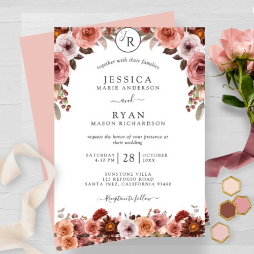 Blush and Burgundy Monogram Floral Wedding Invitation