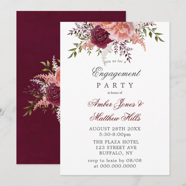 Blush And Burgundy Peonies Engagement Party Invitation (Front/Back)