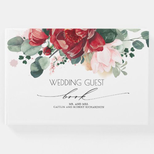 Blush and Burgundy Red Floral Wedding Guest Book