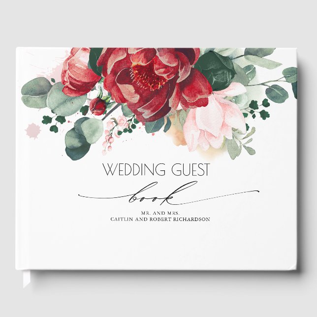 Blush and Burgundy Red Floral Wedding Guest Book (Front)