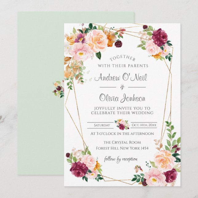Blush And Burgundy Roses Wedding Invitation  (Front/Back)