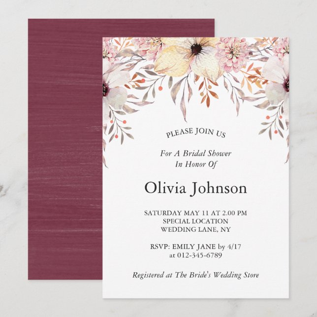 Blush and Burgundy Watercolor Floral Bridal Shower Invitation (Front/Back)