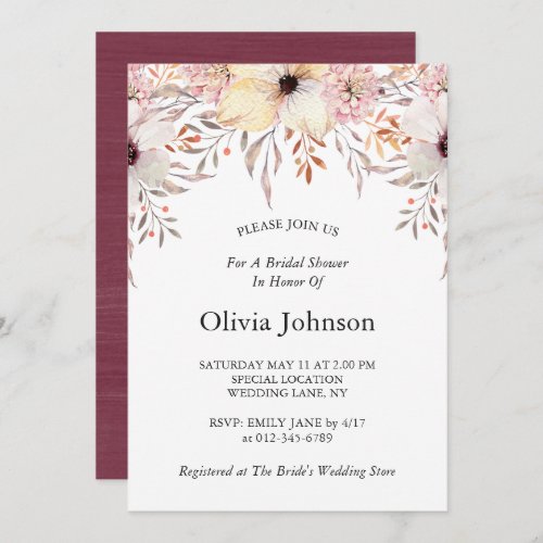 Blush and Burgundy Watercolor Floral Bridal Shower Invitation