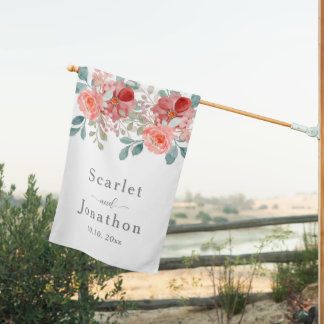 Blush and Burgundy Watercolor Floral Wedding House Flag