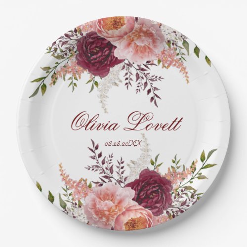 Blush and Burgundy Watercolor Peony Bridal Shower  Paper Plates