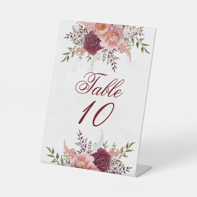 Blush and Burgundy Watercolor Peony Wedding Pedestal Sign (Front)