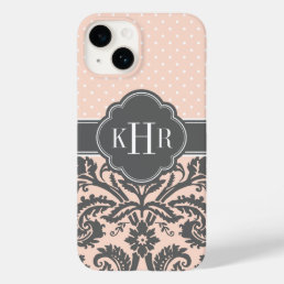 Blush and Charcoal Gray Damask Polka Dots Monogram Case-Mate iPhone 14 Case