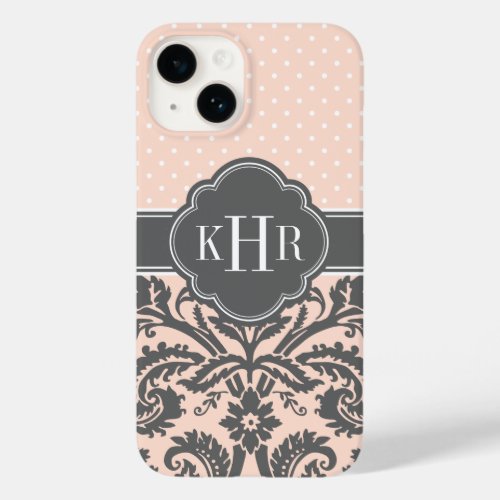 Blush and Charcoal Gray Damask Polka Dots Monogram Case_Mate iPhone 14 Case