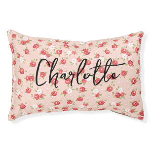 Blush and Coral Dainty Floral Print Custom Name Pet Bed