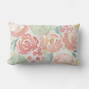 Blush and Coral Watercolor Flower Lumbar Pillow