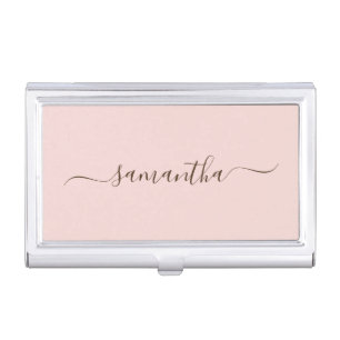 Blush and Dark Brown Elegant Swash Signature Name Business Card Case